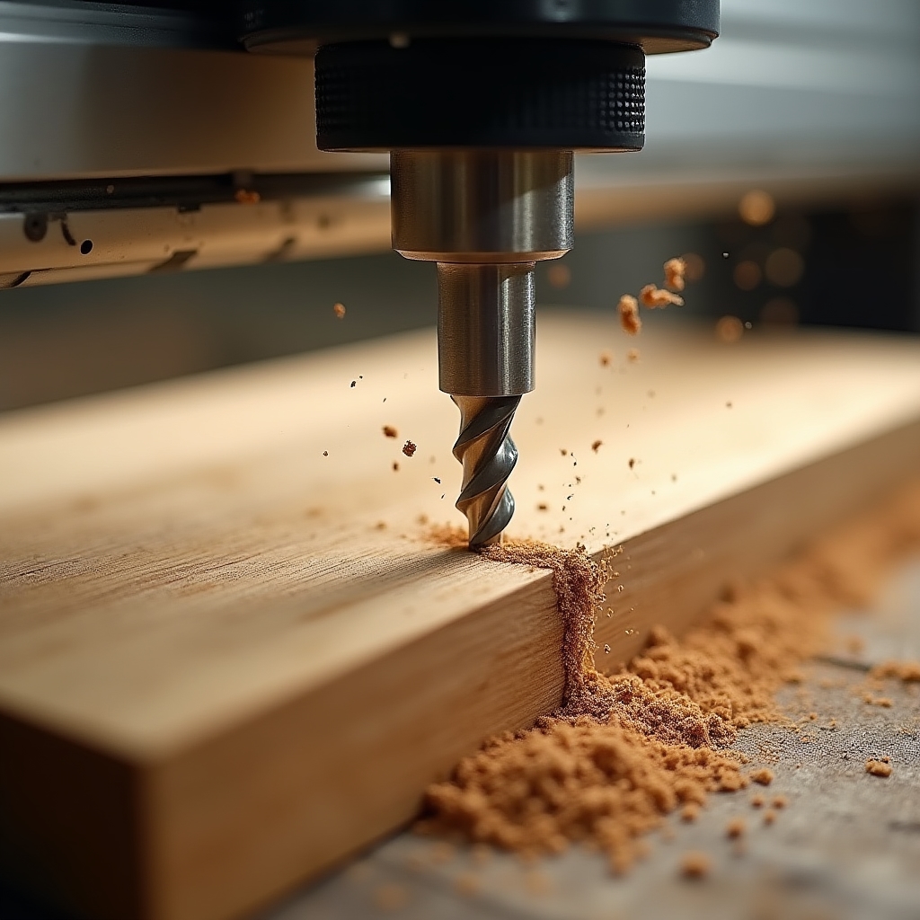 Nahaufnahme eines CNC-Fräsers beim Bearbeiten von Holz