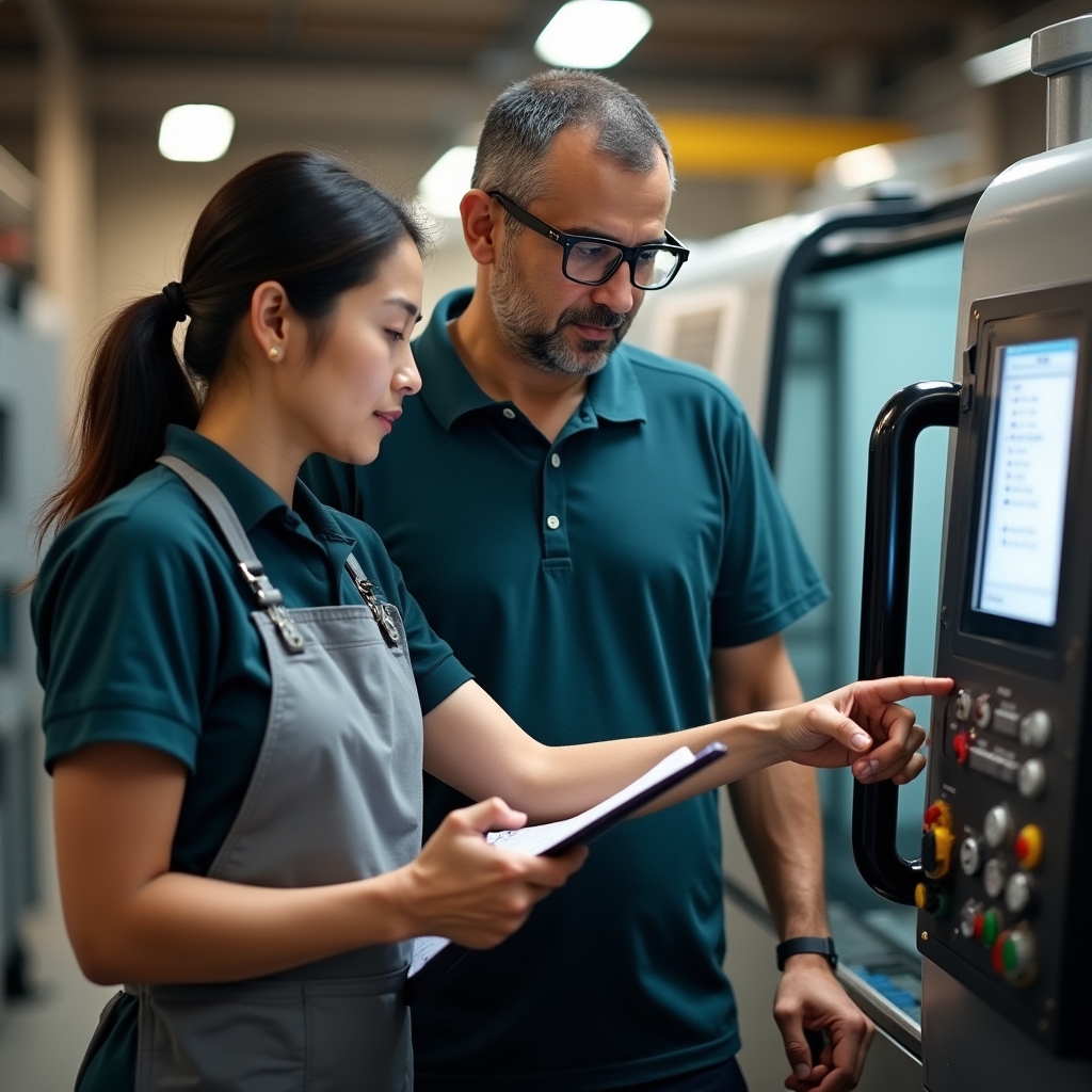 Kursleiter und Teilnehmer an der CNC-Maschine in der Werkstatt